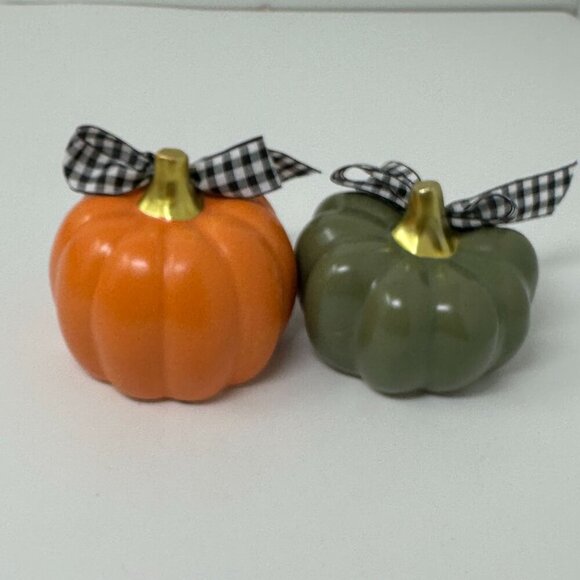 Farmhouse Fall Pumpkin Decor Set White Gray Green Buffalo Check Bow Autumn Decor - Picture 5 of 9